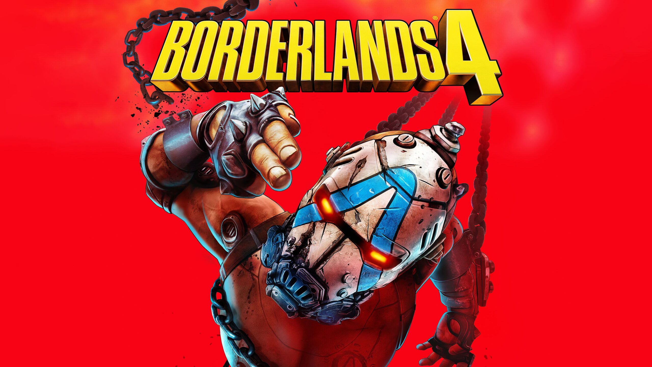 Personagem mascarado de Borderlands 4 com olhos vermelhos, símbolo azul na testa e fundo vermelho