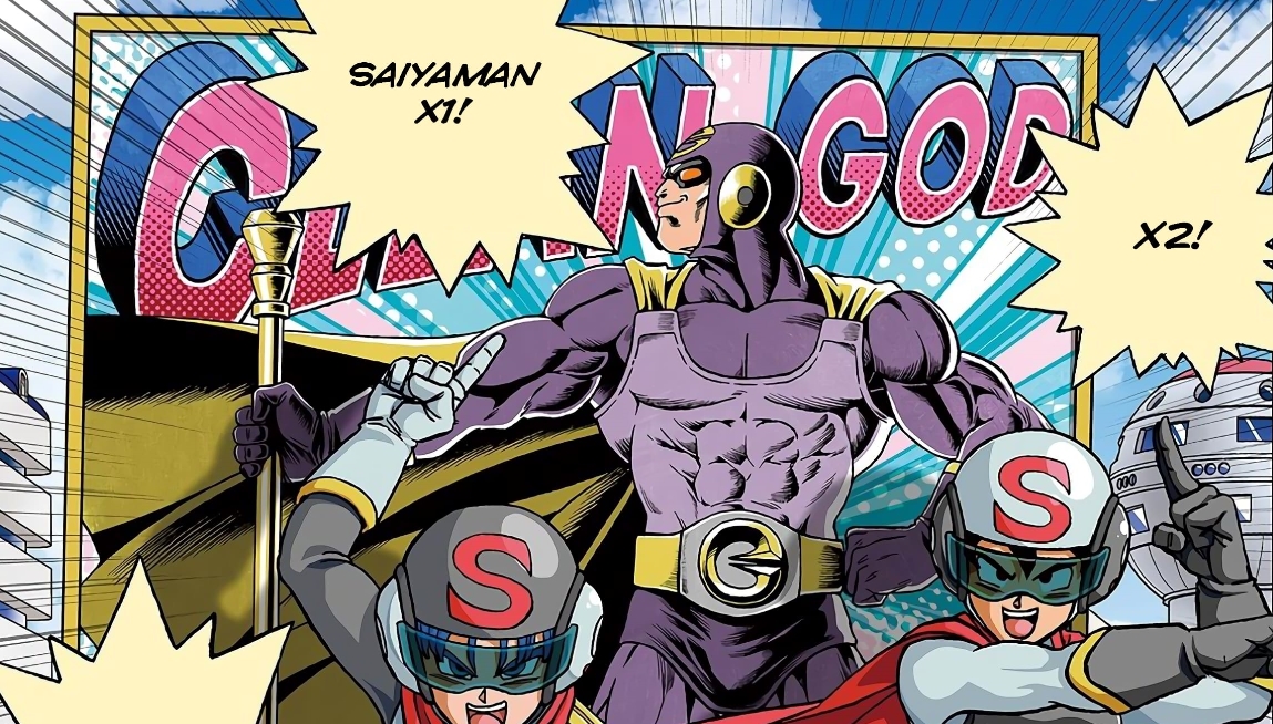 Imagem do capítulo de Dragon Ball Super em homenagem a Akira Toriyama, com Saiyaman X em destaque em cena vibrante e estilo mangá.